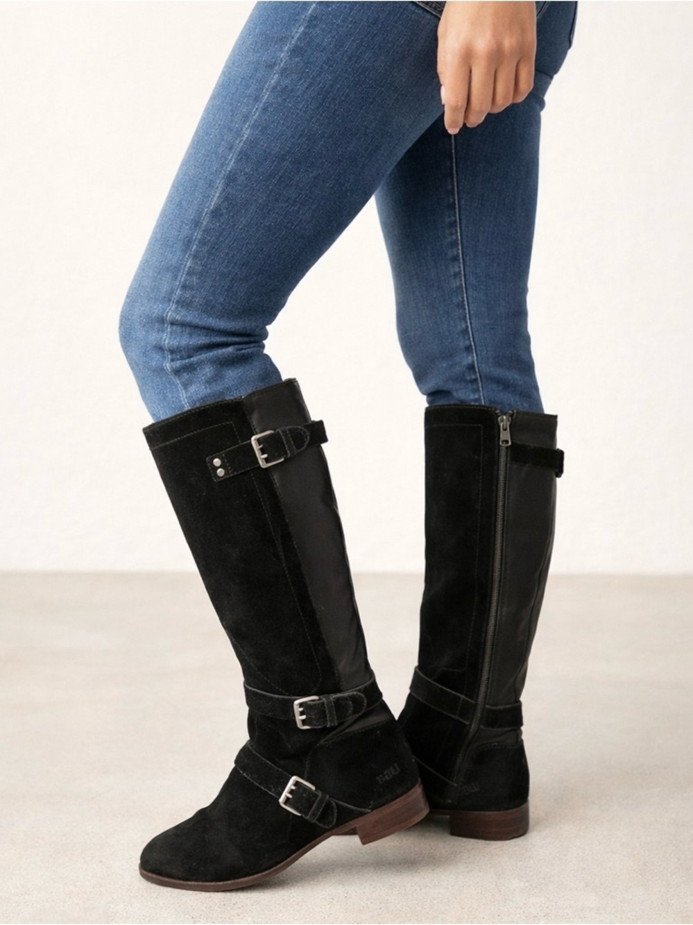 UGG Black Suede Tall Riding Boots Buckle Strap Zip Women’s Size 8